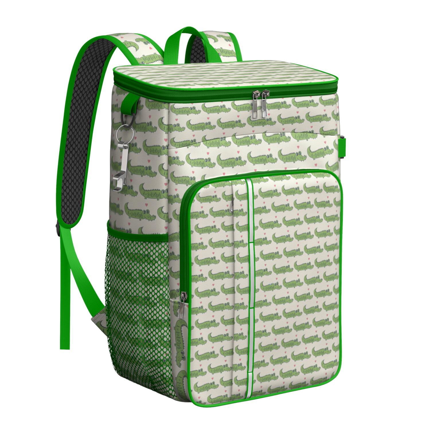 Travel Cooler Bag - Green Cartoon Crocodiles Hearts Pattern Camping Beer Cooler Backpack with Bottle Opener- Waterproof Insulated Picnic Backpacks - Cooler Bag for Beach