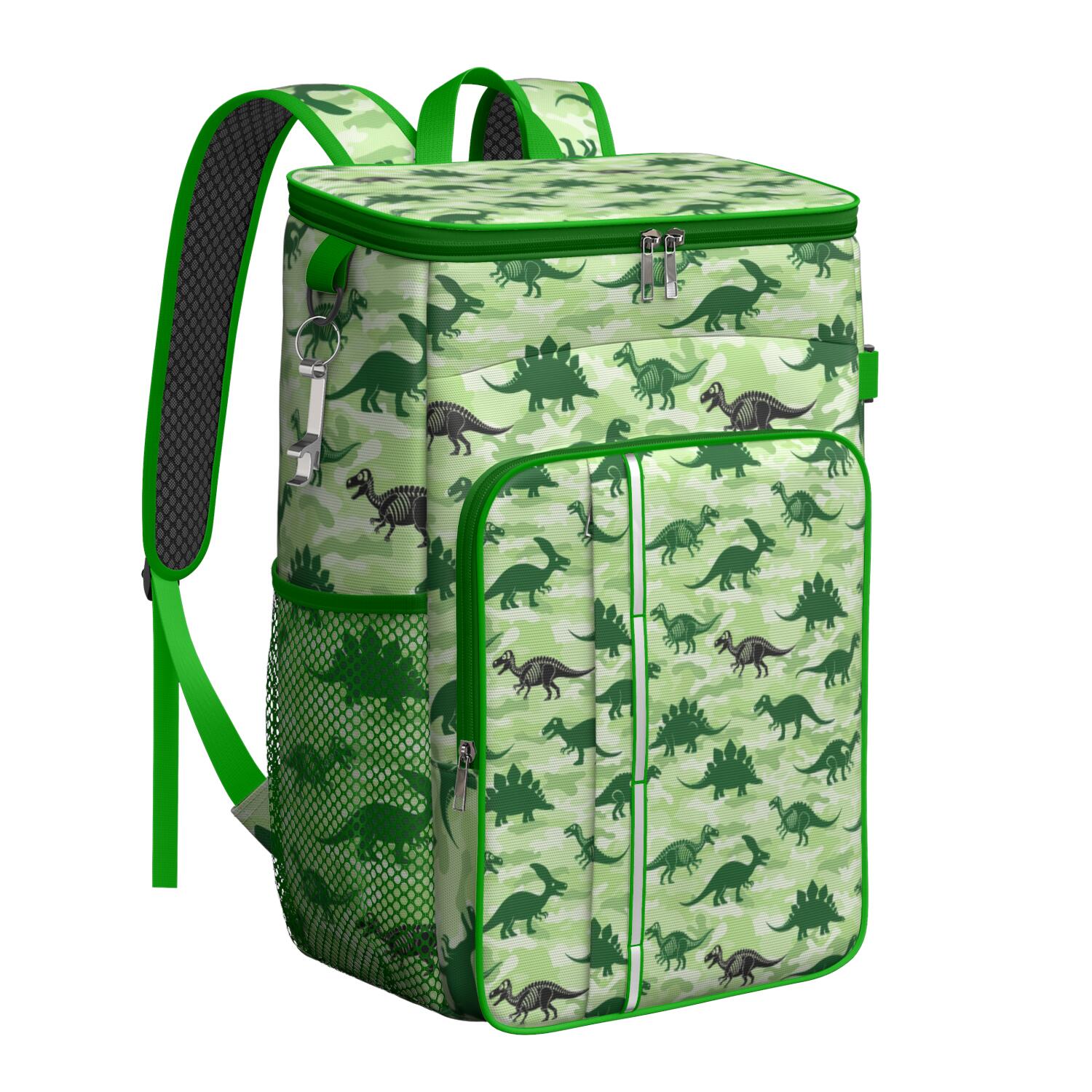 Travel Cooler Bag - Green Cartoon Dinosaurs Camouflage Pattern Camping Beer Cooler Backpack with Bottle Opener- Waterproof Insulated Picnic Backpacks - Cooler Bag for Beach
