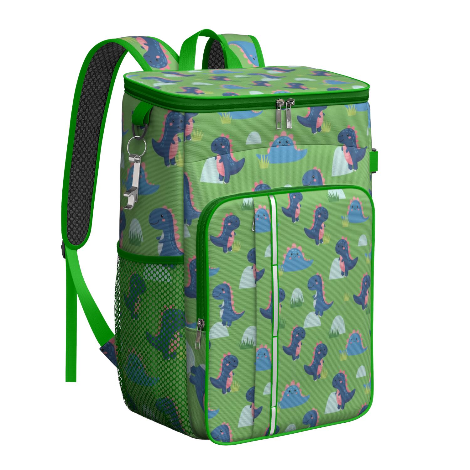 Travel Cooler Bag - Green Cartoon Dinosaurs Grass Pattern Camping Beer Cooler Backpack with Bottle Opener- Waterproof Insulated Picnic Backpacks - Cooler Bag for Beach