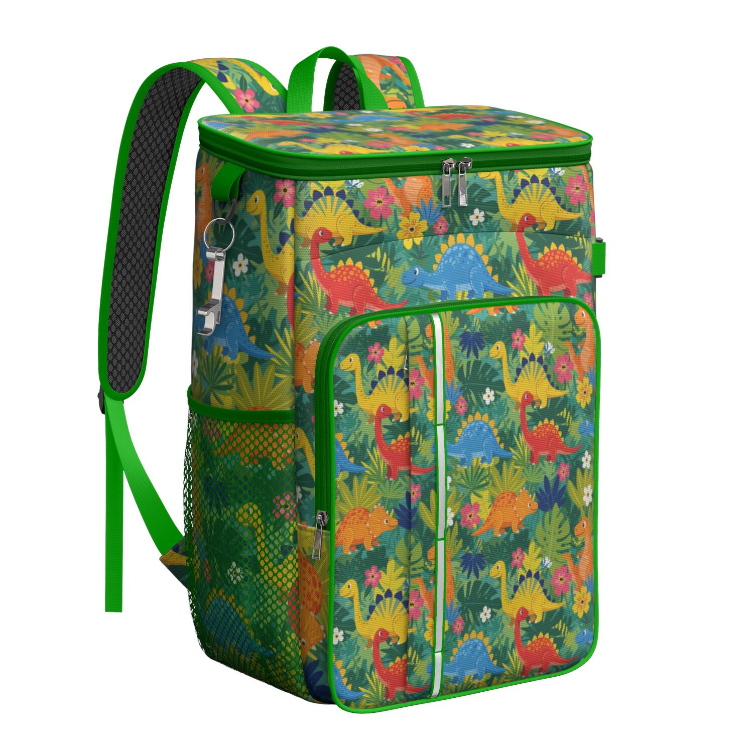 Travel Cooler Bag - Green Cartoon Dinosaurs Jungle Flowers Pattern Camping Beer Cooler Backpack with Bottle Opener- Waterproof Insulated Picnic Backpacks - Cooler Bag for Beach