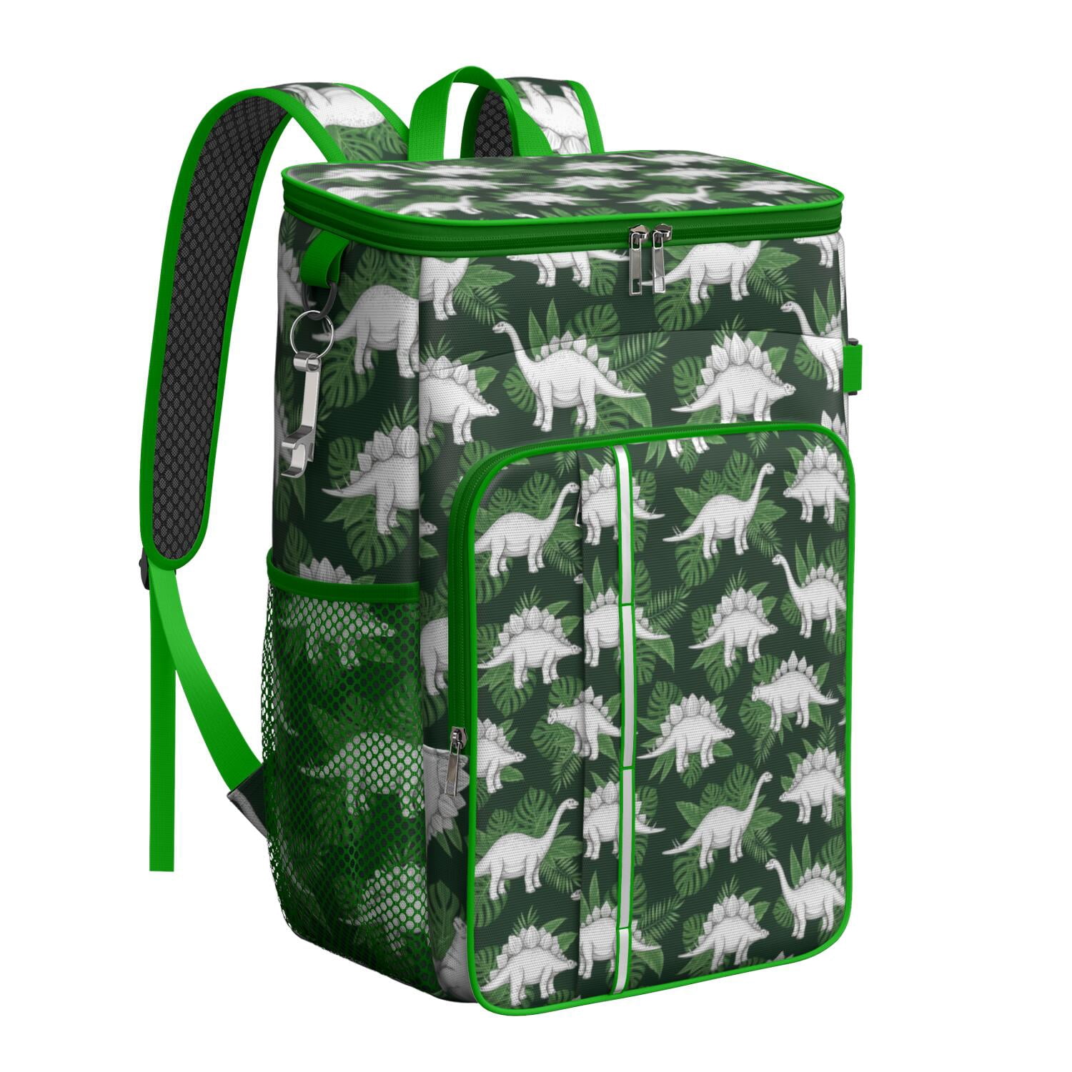 Travel Cooler Bag - Green Cartoon Dinosaurs Leaves Pattern Camping Beer Cooler Backpack with Bottle Opener- Waterproof Insulated Picnic Backpacks - Cooler Bag for Beach