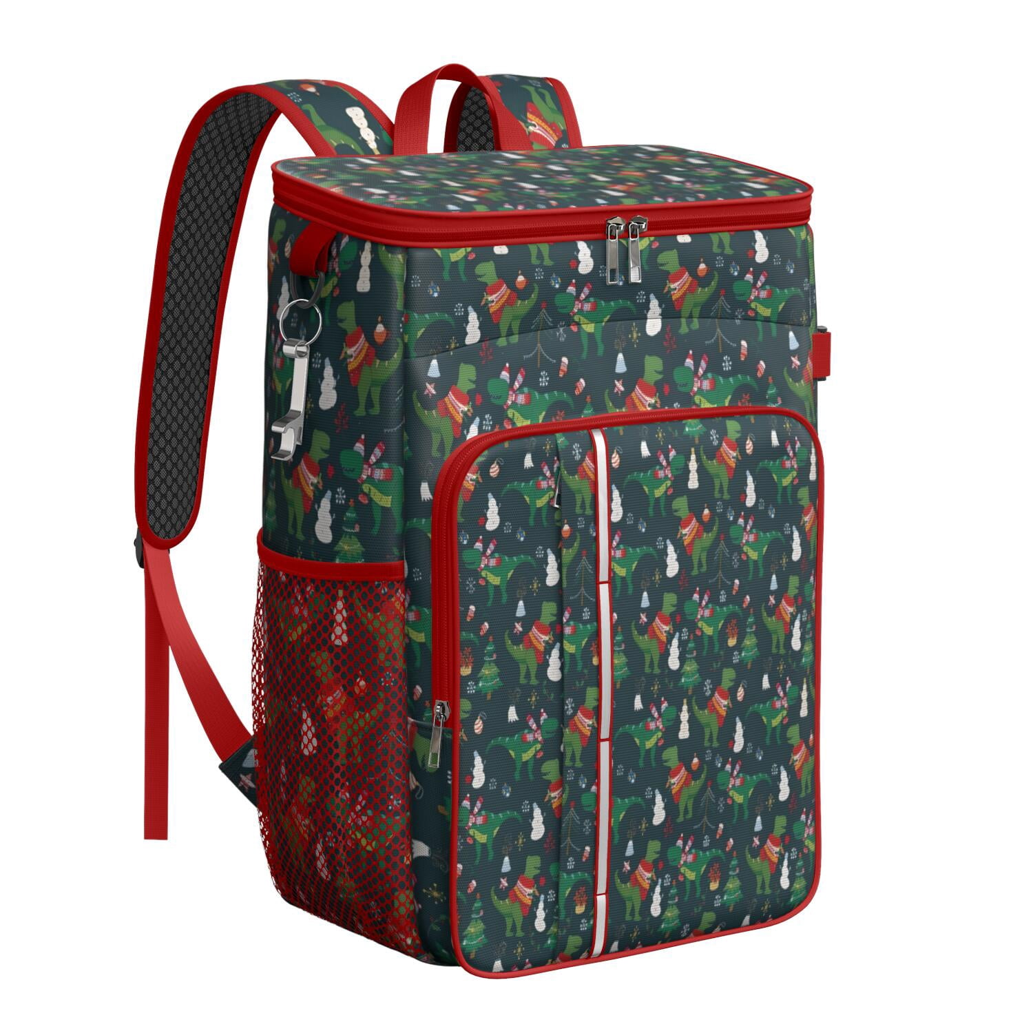 Travel Cooler Bag - Green Christmas Dinosaur and Snowman Pattern Camping Beer Cooler Backpack with Bottle Opener- Waterproof Insulated Picnic Backpacks - Cooler Bag for Beach