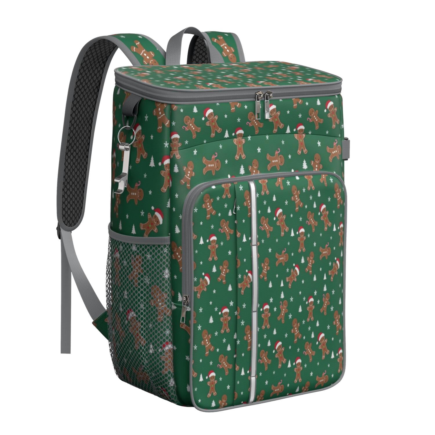 Travel Cooler Bag - Green Christmas Gingerbread Man Pattern Camping Beer Cooler Backpack with Bottle Opener- Waterproof Insulated Picnic Backpacks - Cooler Bag for Beach