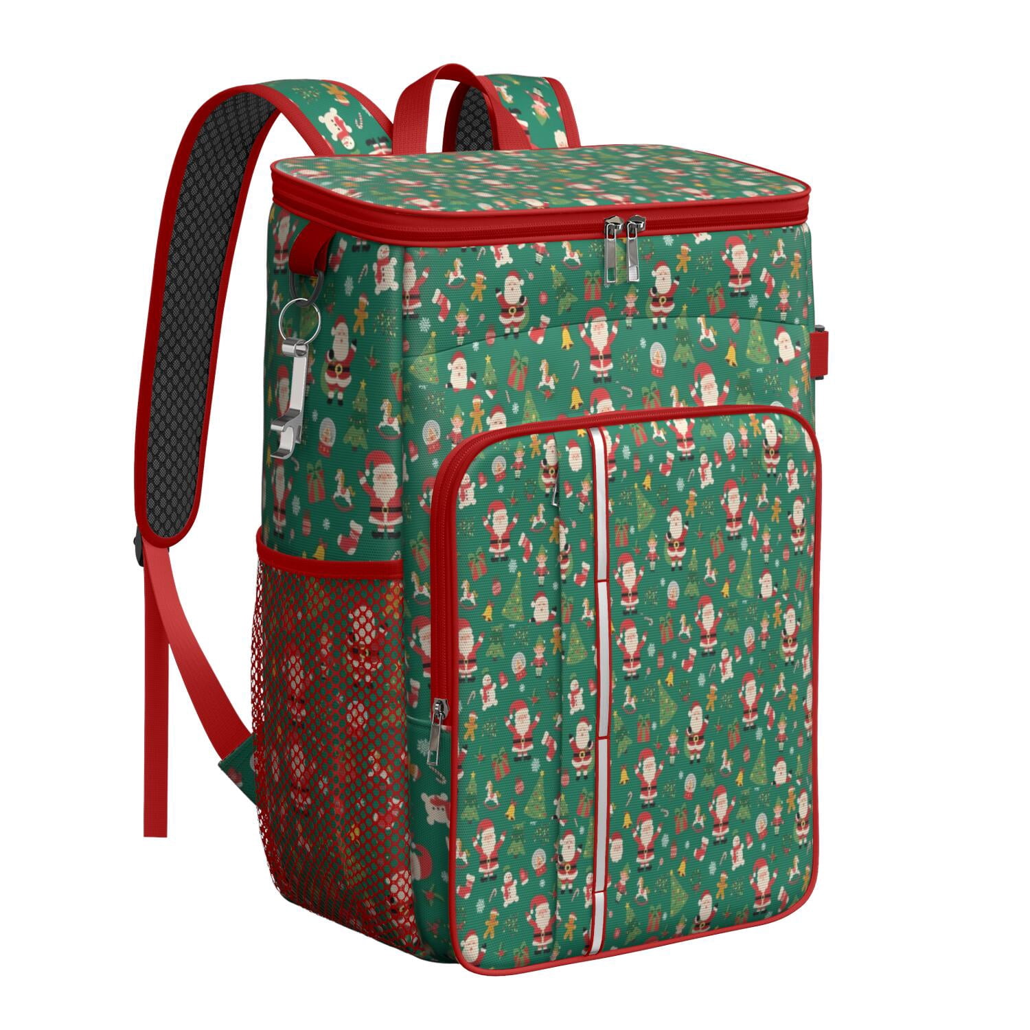 Travel Cooler Bag - Green Christmas Santa and Icon Pattern Camping Beer Cooler Backpack with Bottle Opener- Waterproof Insulated Picnic Backpacks - Cooler Bag for Beach
