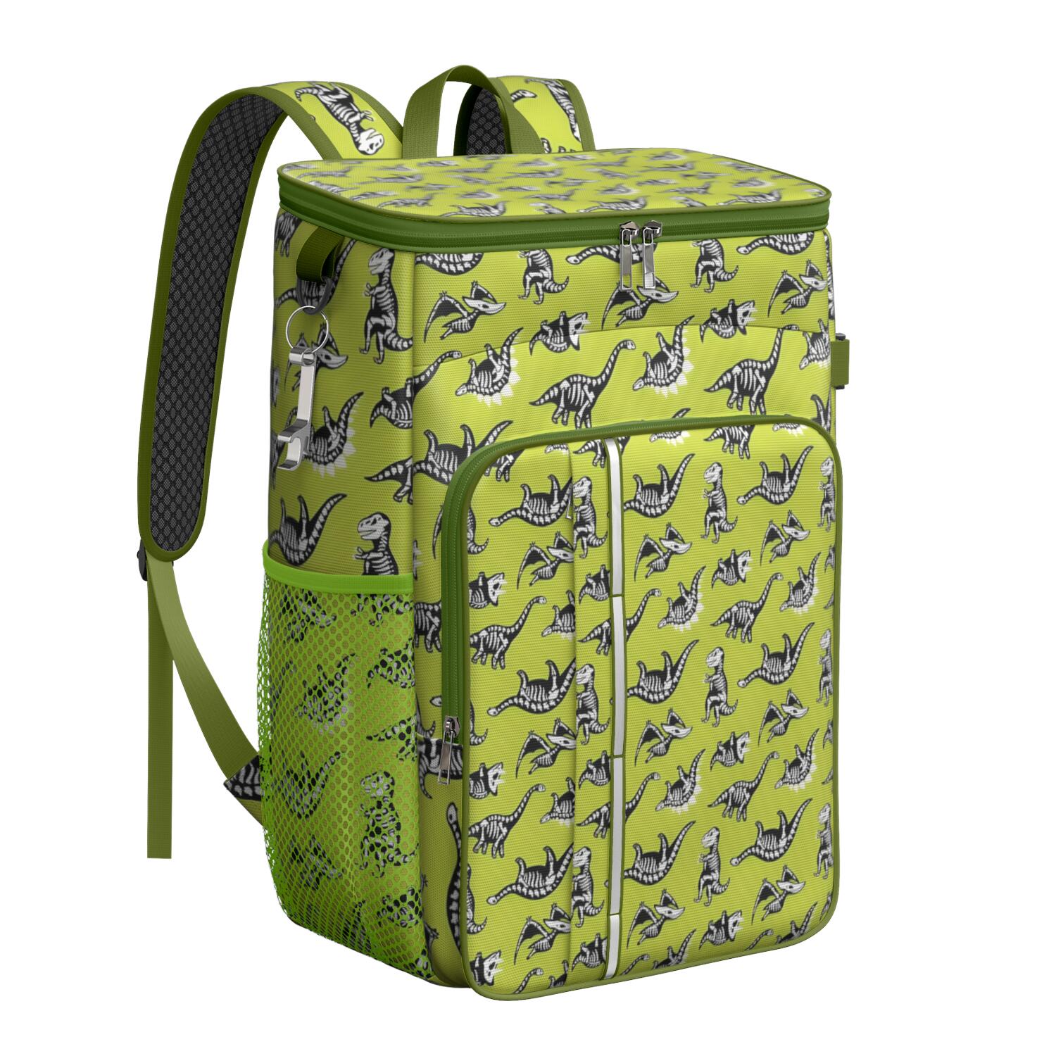 Travel Cooler Bag - Green Dinosaurs Skeletons Pattern Camping Beer Cooler Backpack with Bottle Opener- Waterproof Insulated Picnic Backpacks - Cooler Bag for Beach