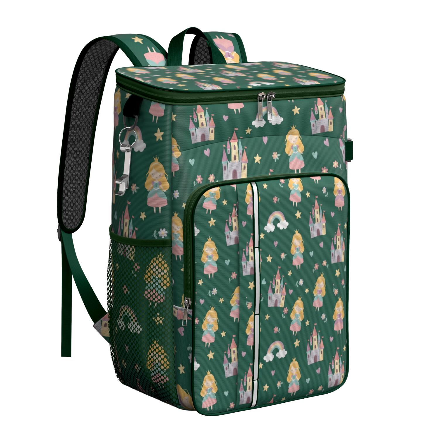 Travel Cooler Bag - Green Princess Castle Pattern Camping Beer Cooler Backpack with Bottle Opener- Waterproof Insulated Picnic Backpacks - Cooler Bag for Beach