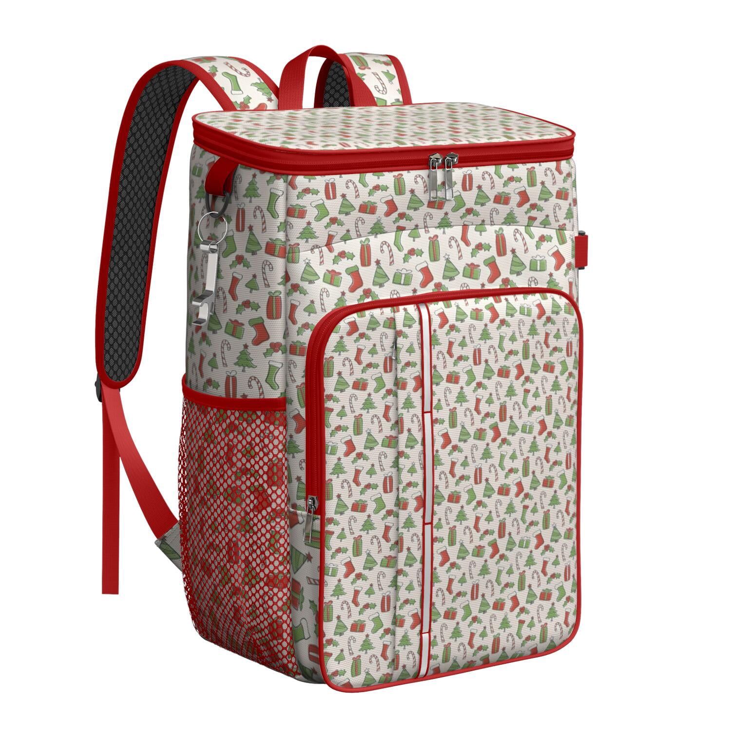Travel Cooler Bag - Green and Red Christmas Pattern Camping Beer Cooler Backpack with Bottle Opener- Waterproof Insulated Picnic Backpacks - Cooler Bag for Beach