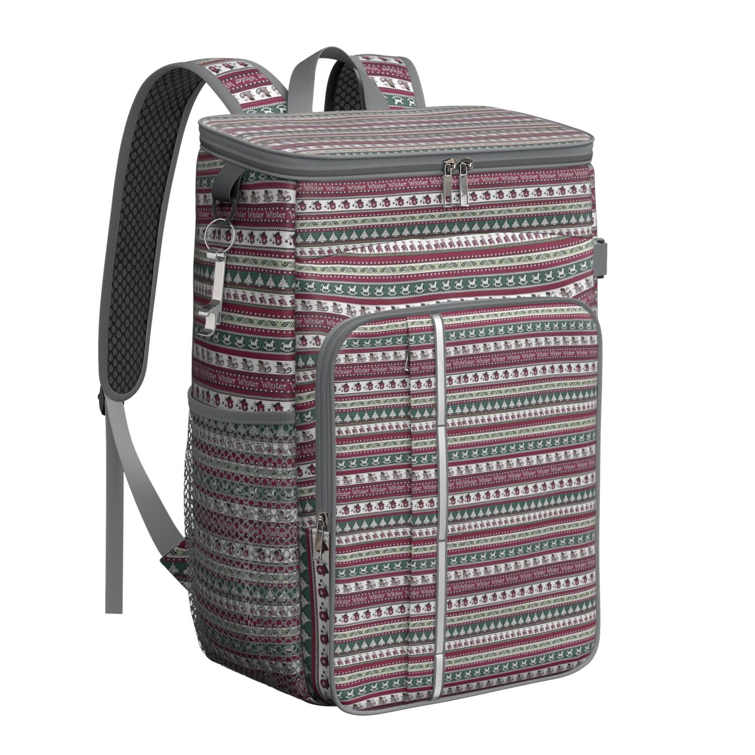 Travel Cooler Bag - Green and Red Christmas Pattern Camping Beer Cooler Backpack with Bottle Opener- Waterproof Insulated Picnic Backpacks - Cooler Bag for Beach