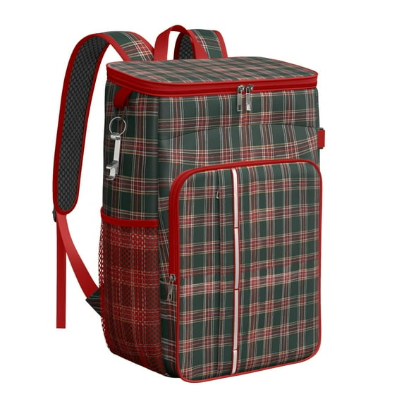 Travel Cooler Bag - Green and Red Christmas Plaid Pattern Camping Beer Cooler Backpack with Bottle Opener- Waterproof Insulated Picnic Backpacks - Cooler Bag for Beach