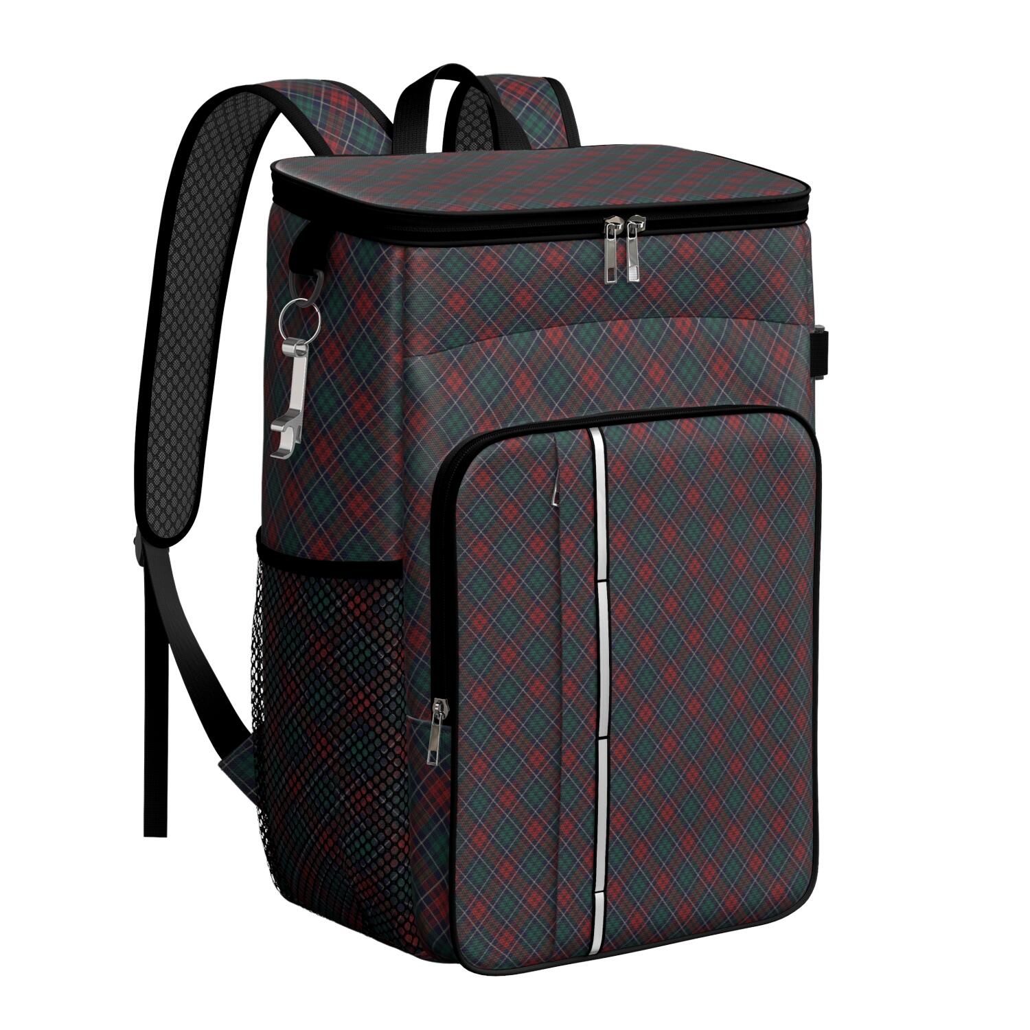 Travel Cooler Bag - Green and Red Christmas Plaid Pattern Camping Beer Cooler Backpack with Bottle Opener- Waterproof Insulated Picnic Backpacks - Cooler Bag for Beach