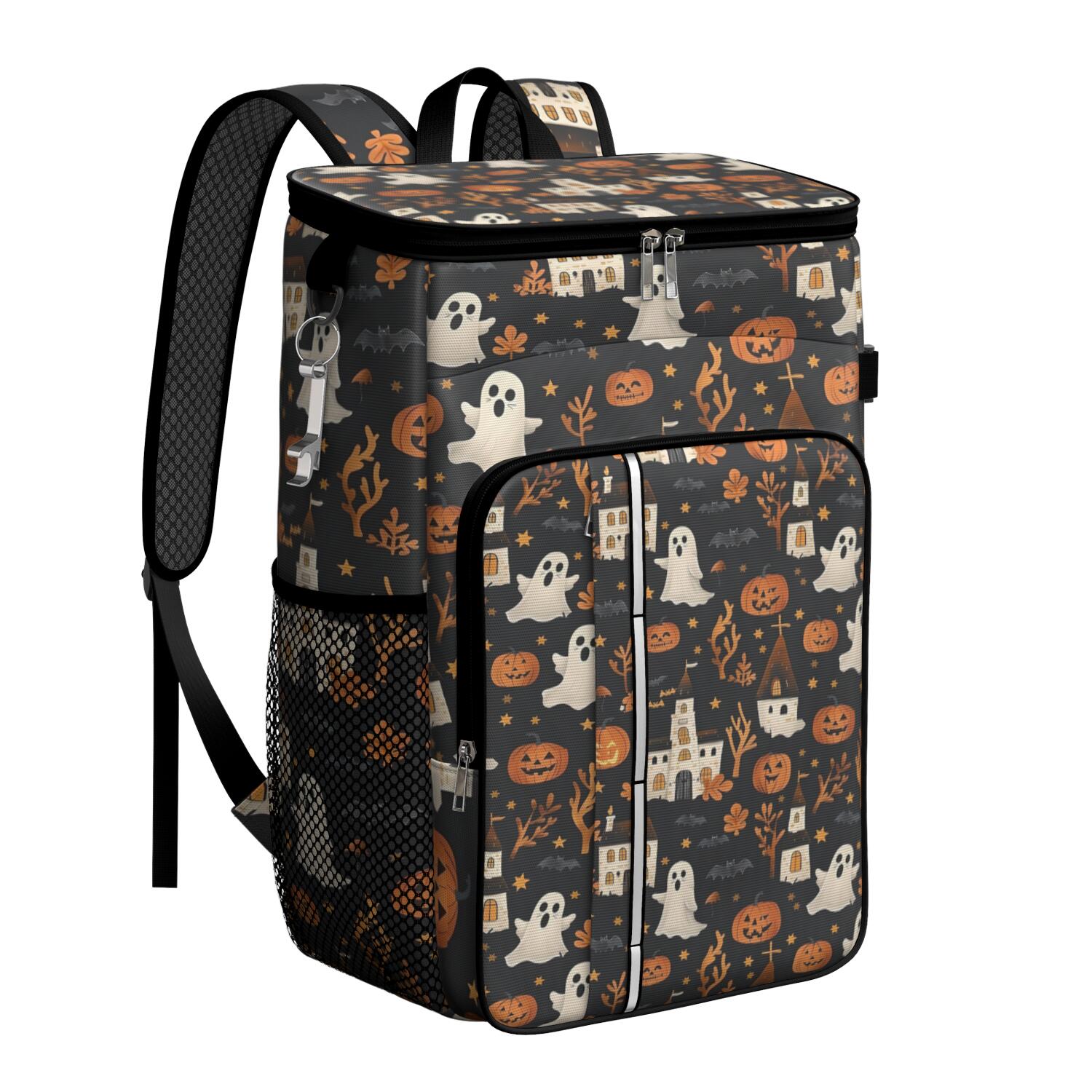 Travel Cooler Bag - Halloween Ghosts Pumpkins and Haunted Houses Camping Beer Cooler Backpack with Bottle Opener- Waterproof Insulated Picnic Backpacks - Cooler Bag for Beach