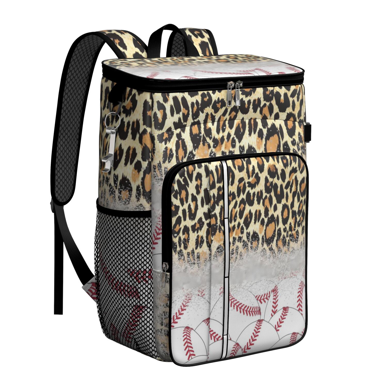 Travel Cooler Bag - Leopard Print and Baseballs Pattern Camping Beer Cooler Backpack with Bottle Opener- Waterproof Insulated Picnic Backpacks - Cooler Bag for Beach