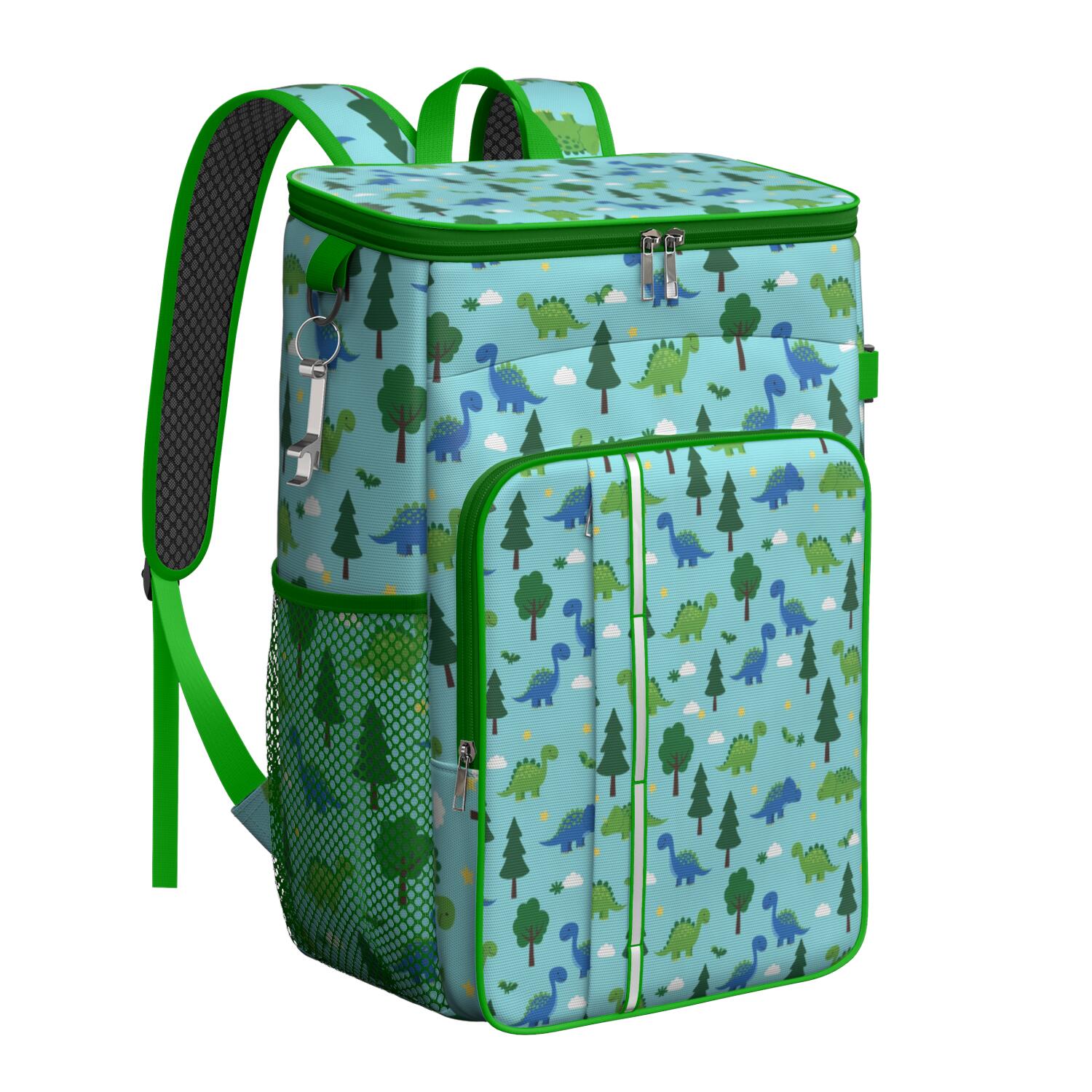 Travel Cooler Bag - Light Blue Dinosaurs Forest Pattern Camping Beer Cooler Backpack with Bottle Opener- Waterproof Insulated Picnic Backpacks - Cooler Bag for Beach