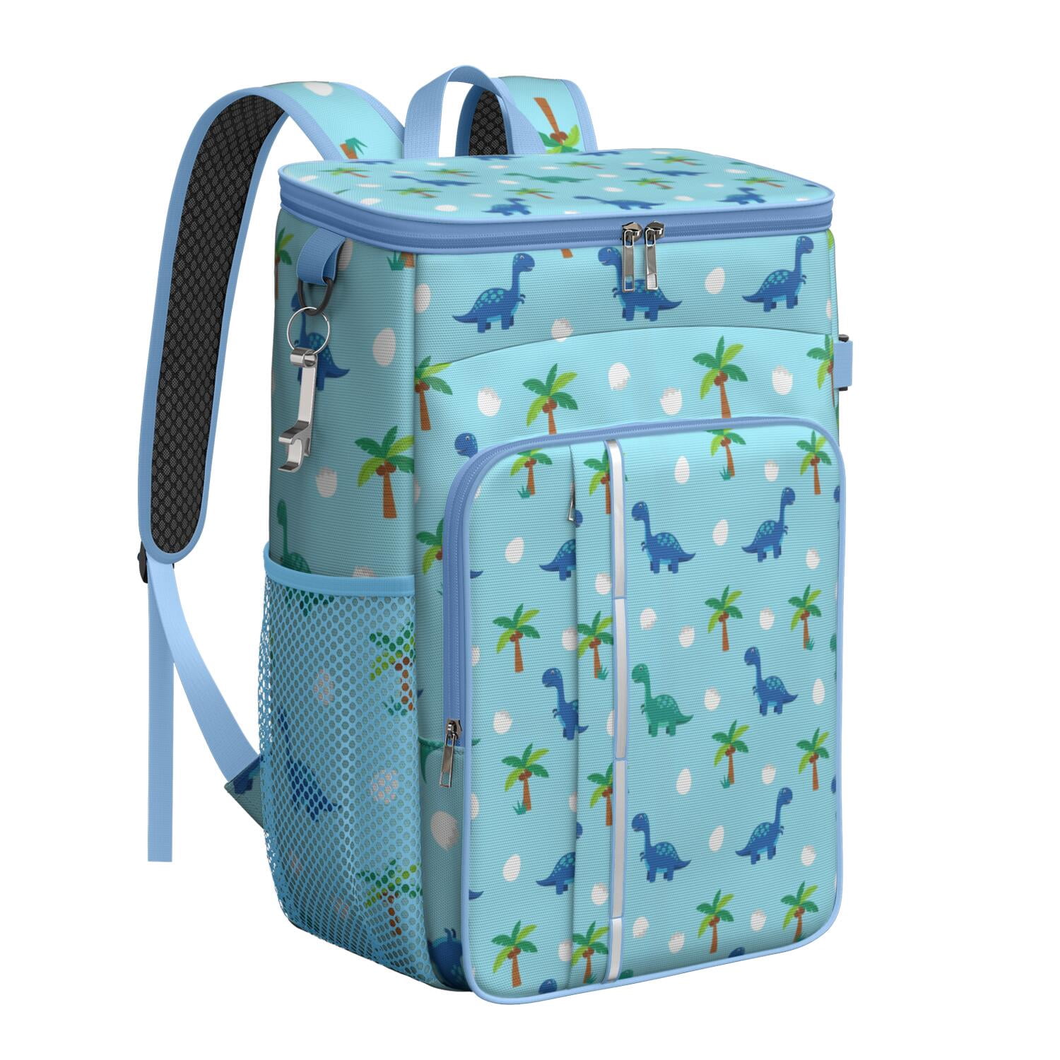 Travel Cooler Bag - Light Blue Dinosaurs Palms Eggs Pattern Camping Beer Cooler Backpack with Bottle Opener- Waterproof Insulated Picnic Backpacks - Cooler Bag for Beach