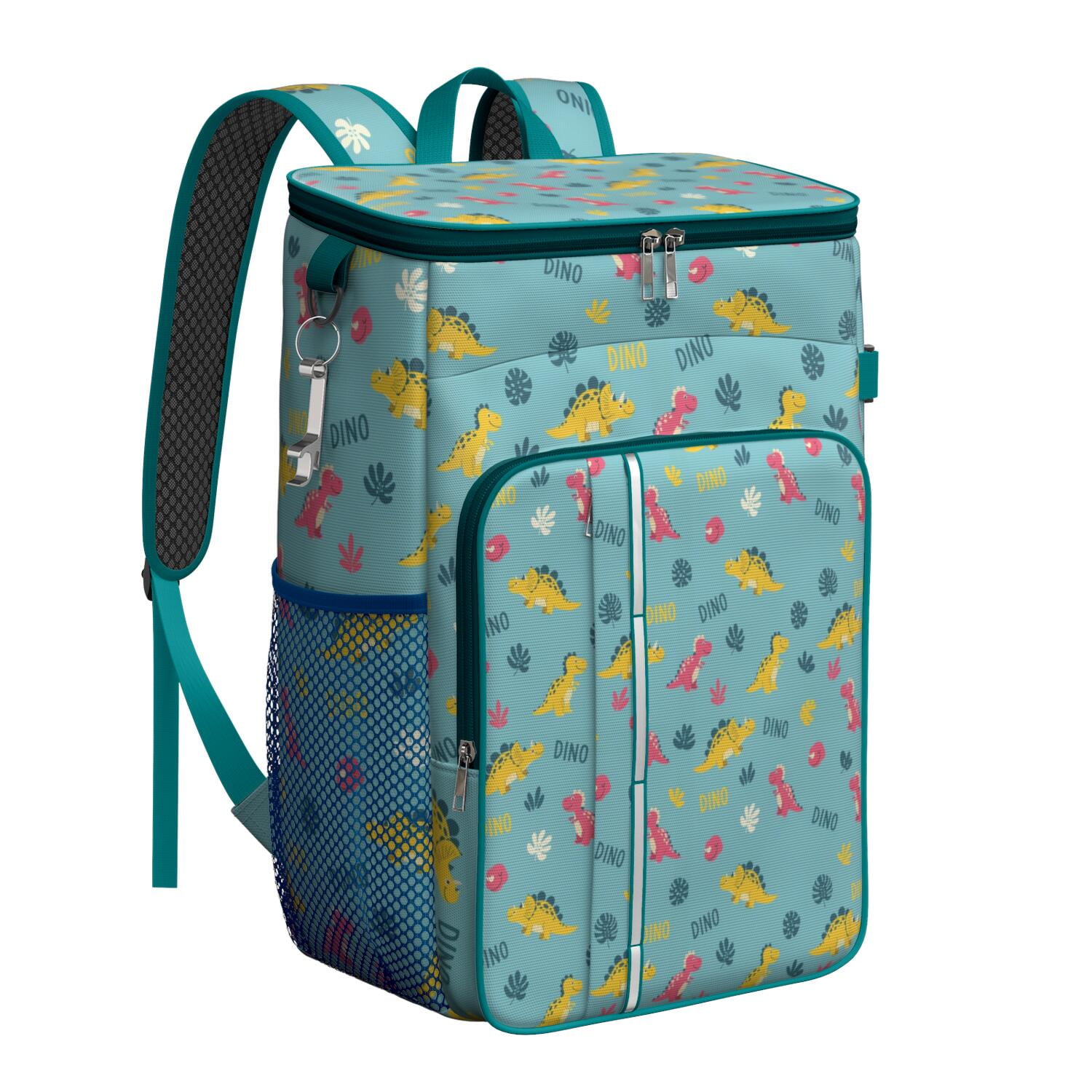 Travel Cooler Bag - Light Blue Dinosaurs Text Pattern Camping Beer Cooler Backpack with Bottle Opener- Waterproof Insulated Picnic Backpacks - Cooler Bag for Beach