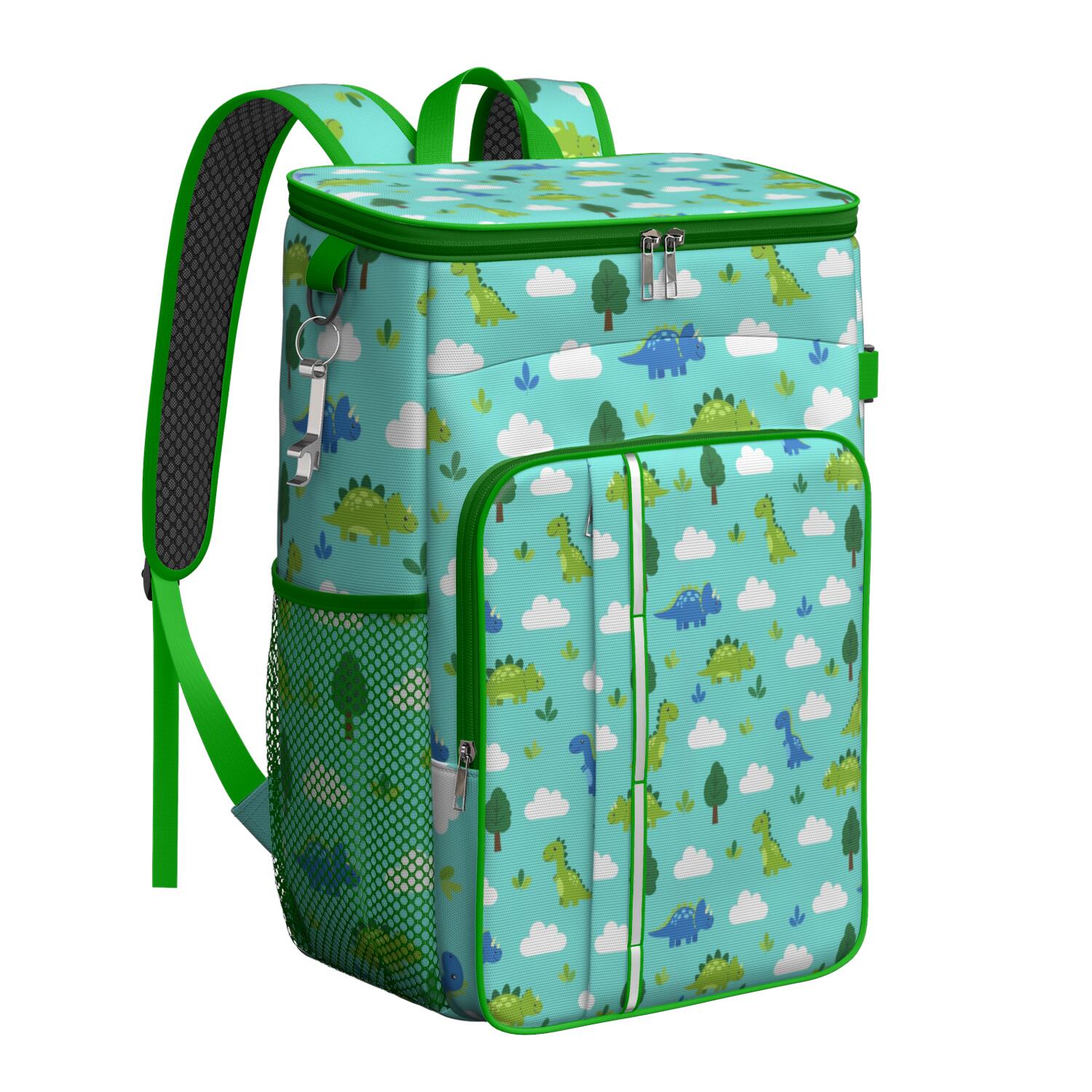 Travel Cooler Bag - LightBlue Cartoon Dinosaurs Trees Clouds Pattern Camping Beer Cooler Backpack with Bottle Opener- Waterproof Insulated Picnic Backpacks - Cooler Bag for Beach