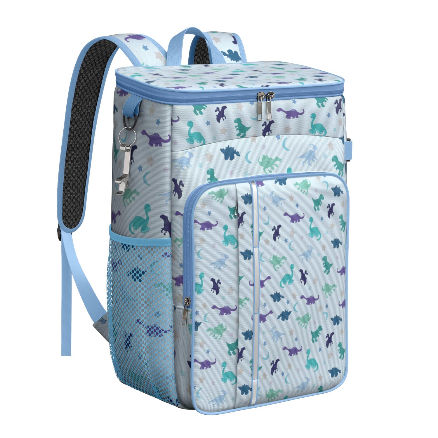 Travel Cooler Bag - LightBlue Dinosaurs Stars Moons Pattern Camping Beer Cooler Backpack with Bottle Opener- Waterproof Insulated Picnic Backpacks - Cooler Bag for Beach