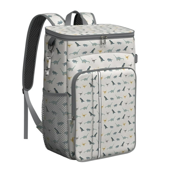 Travel Cooler Bag - LightGray Cartoon Dinosaurs Pattern Camping Beer Cooler Backpack with Bottle Opener- Waterproof Insulated Picnic Backpacks - Cooler Bag for Beach