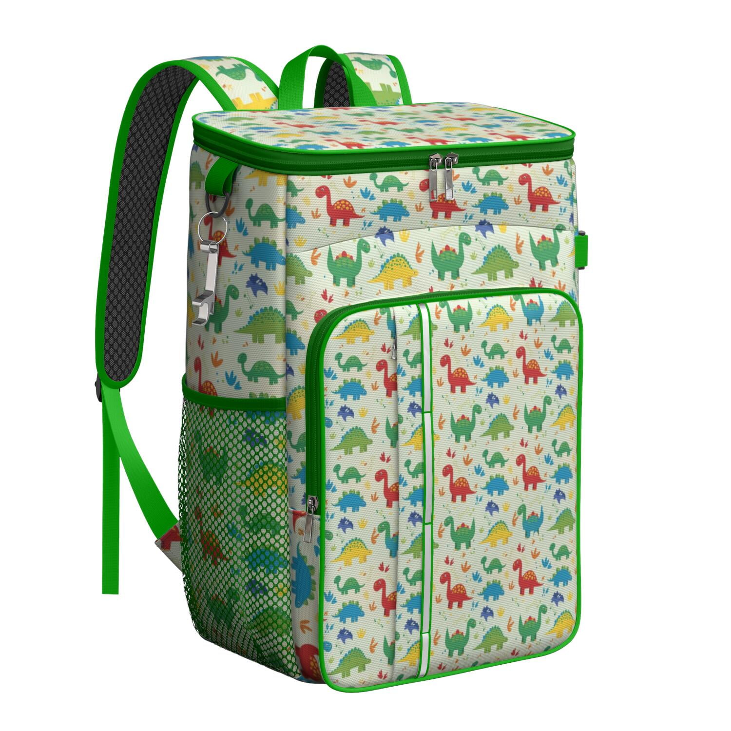 Travel Cooler Bag - LightGreen Cartoon Dinosaurs Colorful Elements Pattern Camping Beer Cooler Backpack with Bottle Opener- Waterproof Insulated Picnic Backpacks - Cooler Bag for Beach
