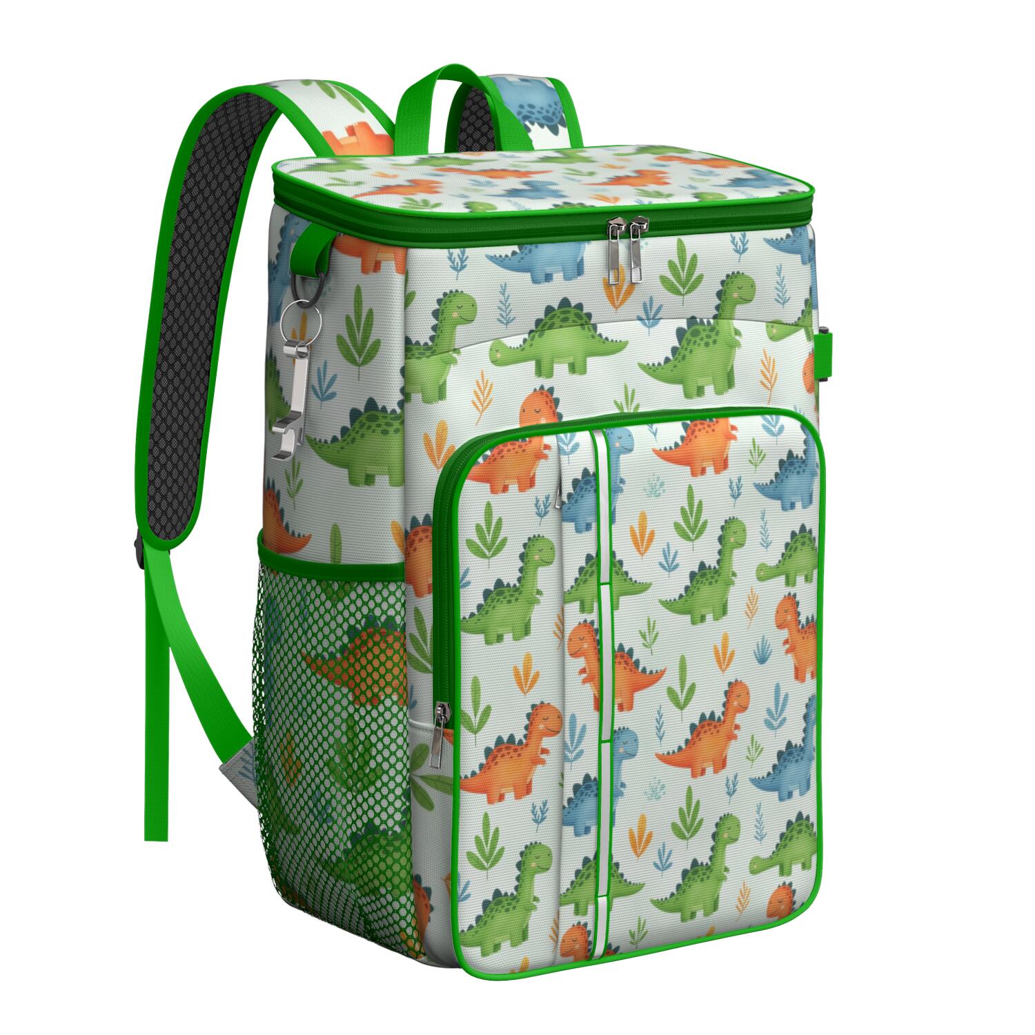 Travel Cooler Bag - LightGreen Cartoon Dinosaurs Leaves Pattern Camping Beer Cooler Backpack with Bottle Opener- Waterproof Insulated Picnic Backpacks - Cooler Bag for Beach
