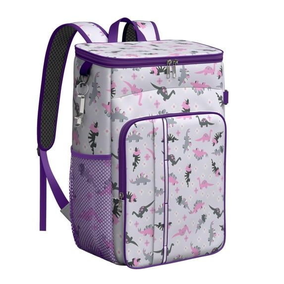Travel Cooler Bag - LightPurple Dinosaurs Flowers Pattern Camping Beer Cooler Backpack with Bottle Opener- Waterproof Insulated Picnic Backpacks - Cooler Bag for Beach