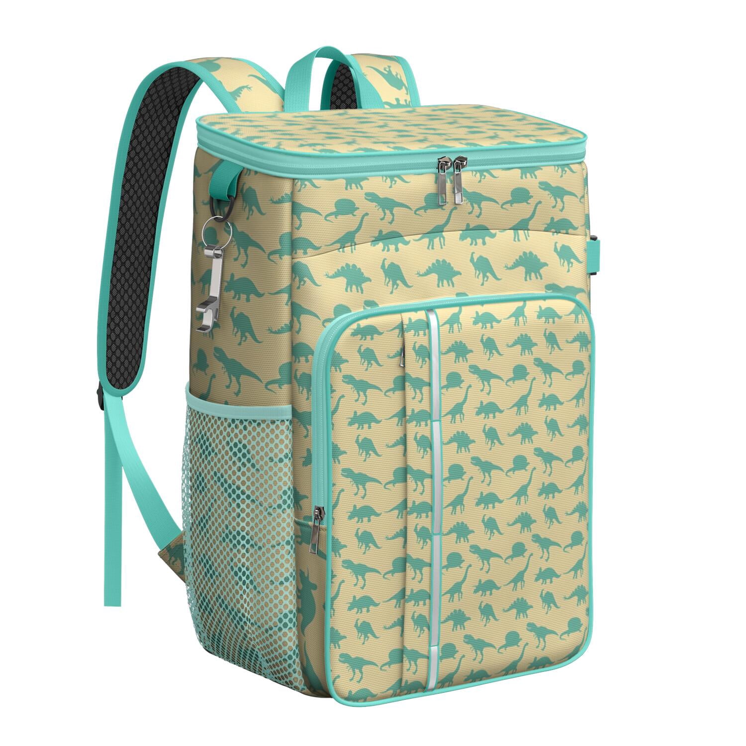Travel Cooler Bag - LightYellow Green Dinosaurs Silhouettes Pattern Camping Beer Cooler Backpack with Bottle Opener- Waterproof Insulated Picnic Backpacks - Cooler Bag for Beach