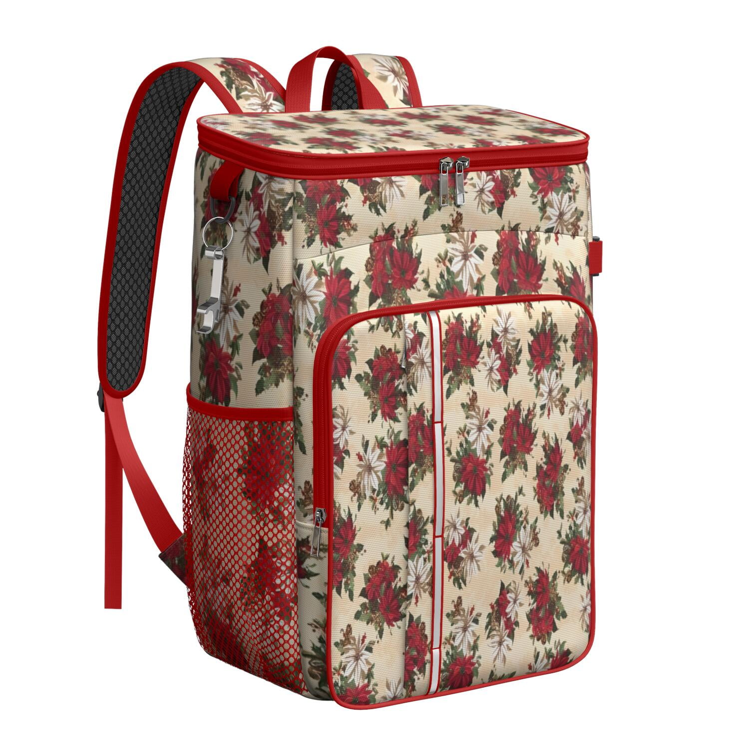 Travel Cooler Bag - Multicolor Christmas Floral Pattern Camping Beer Cooler Backpack with Bottle Opener- Waterproof Insulated Picnic Backpacks - Cooler Bag for Beach