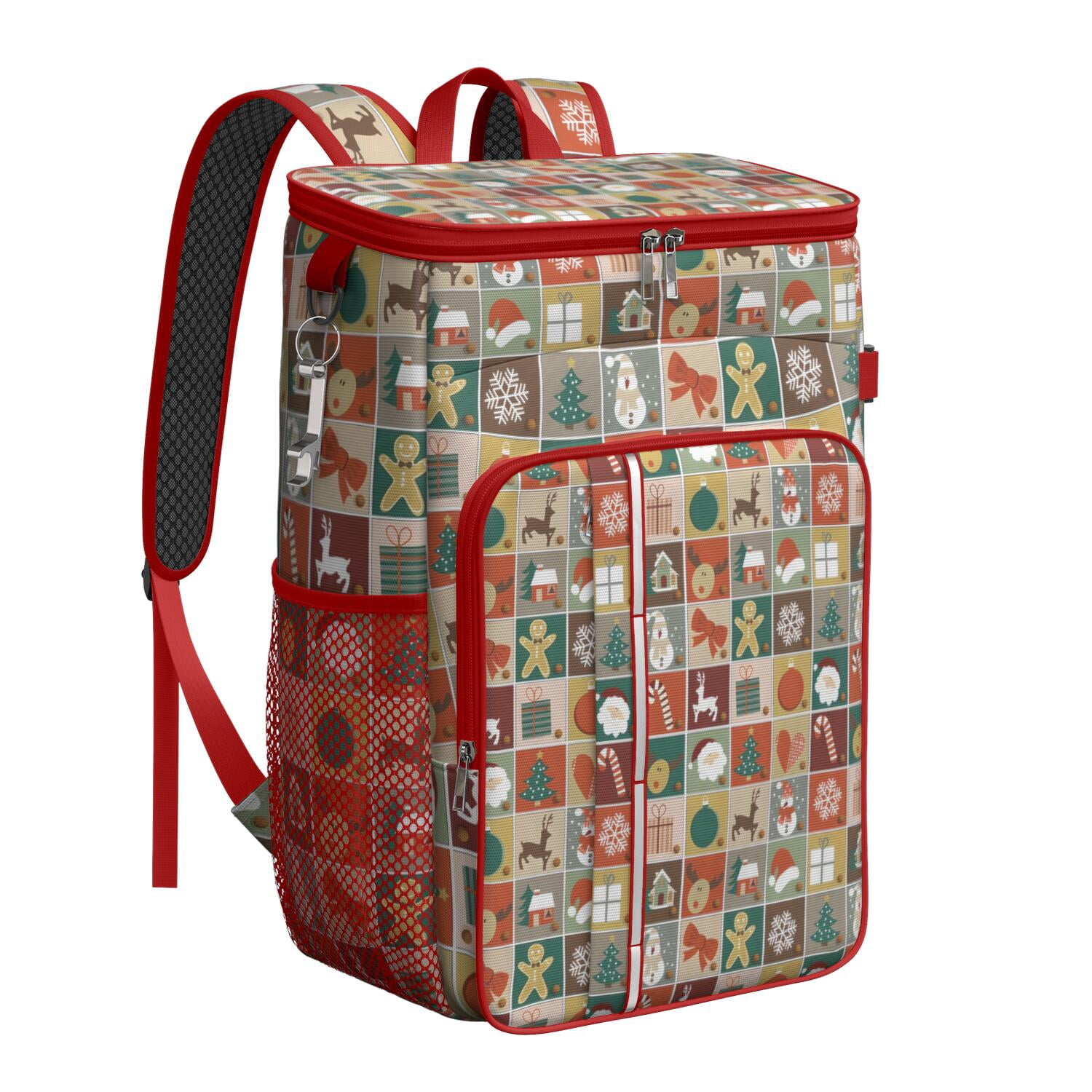 Travel Cooler Bag - Multicolor Christmas Pattern Camping Beer Cooler Backpack with Bottle Opener- Waterproof Insulated Picnic Backpacks - Cooler Bag for Beach
