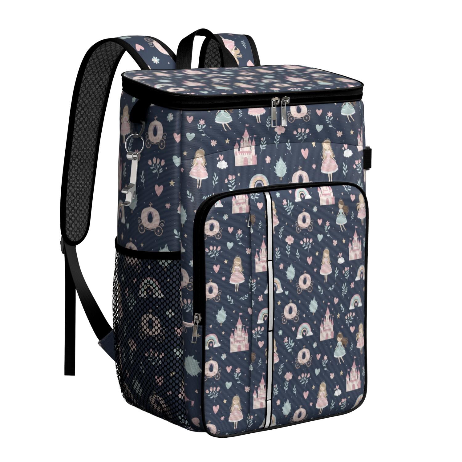 Travel Cooler Bag - Navy Princess Castle Pattern Camping Beer Cooler Backpack with Bottle Opener- Waterproof Insulated Picnic Backpacks - Cooler Bag for Beach