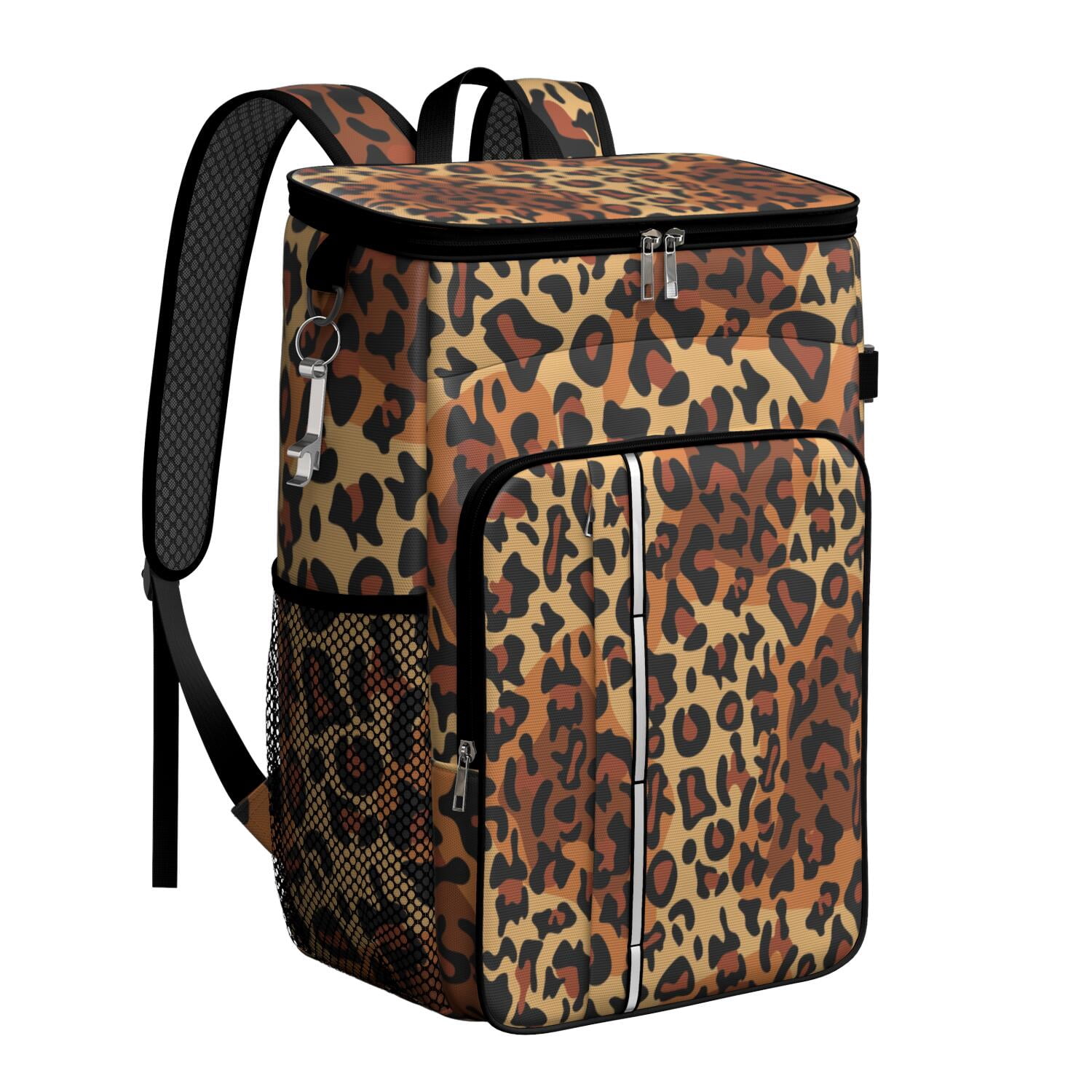 Travel Cooler Bag - Orange and Brown Leopard Pattern Camping Beer Cooler Backpack with Bottle Opener- Waterproof Insulated Picnic Backpacks - Cooler Bag for Beach