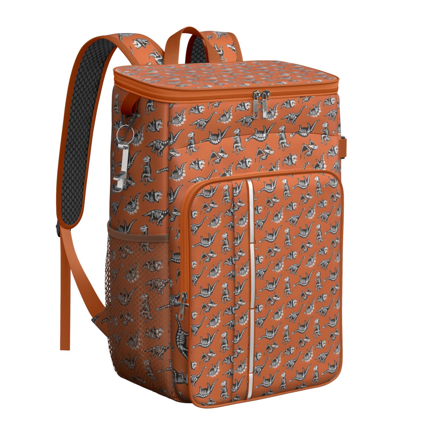 Travel Cooler Bag - Orange Dinosaurs Skeletons Pattern Camping Beer Cooler Backpack with Bottle Opener- Waterproof Insulated Picnic Backpacks - Cooler Bag for Beach
