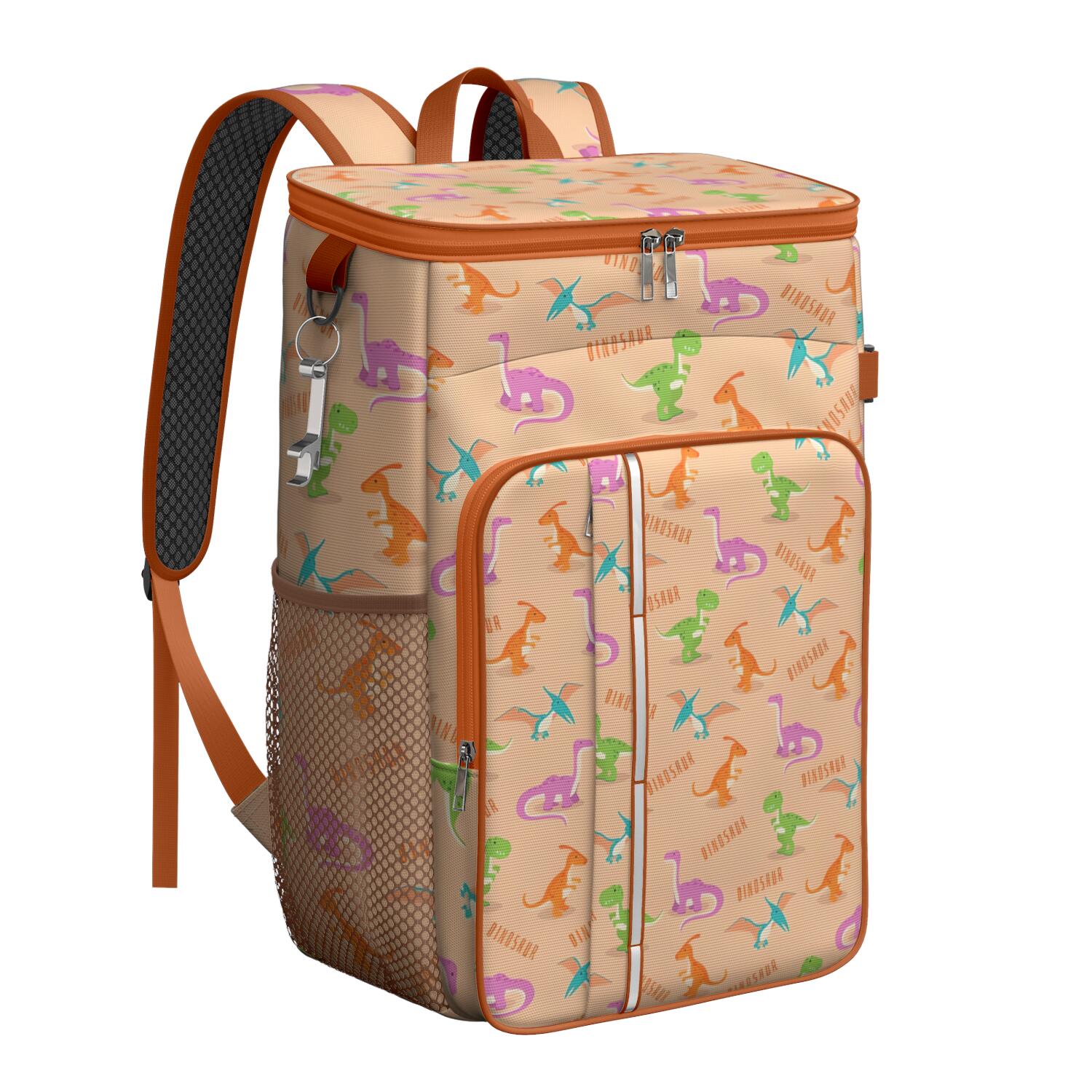 Travel Cooler Bag - Orange Dinosaurs Text Pattern Camping Beer Cooler Backpack with Bottle Opener- Waterproof Insulated Picnic Backpacks - Cooler Bag for Beach
