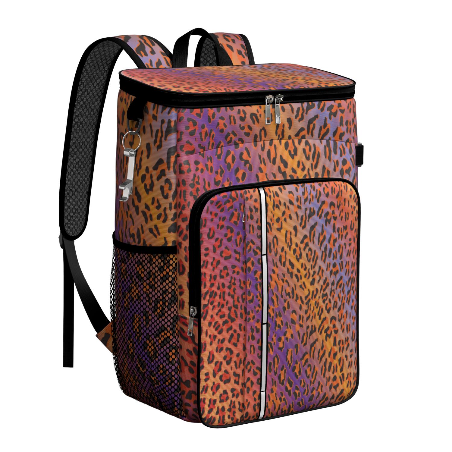 Travel Cooler Bag - Orange and Purple Of Leopard Print Camping Beer Cooler Backpack with Bottle Opener- Waterproof Insulated Picnic Backpacks - Cooler Bag for Beach