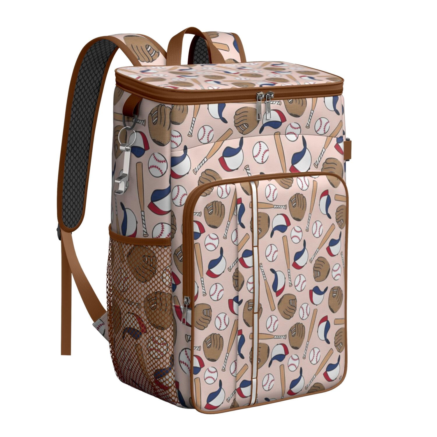 Travel Cooler Bag - Pink Baseball Gear Pattern Camping Beer Cooler Backpack with Bottle Opener- Waterproof Insulated Picnic Backpacks - Cooler Bag for Beach