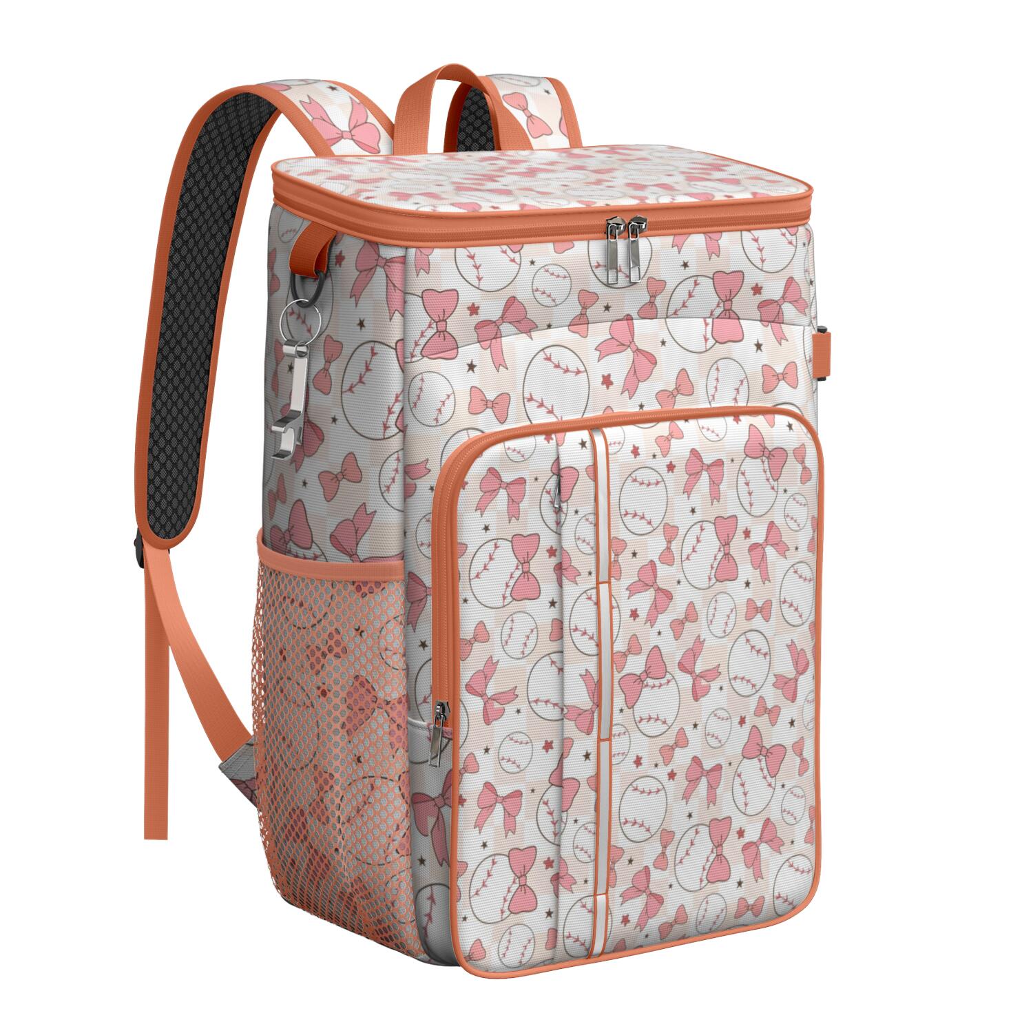 Travel Cooler Bag - Pink Baseballs with Bows Pattern Camping Beer Cooler Backpack with Bottle Opener- Waterproof Insulated Picnic Backpacks - Cooler Bag for Beach
