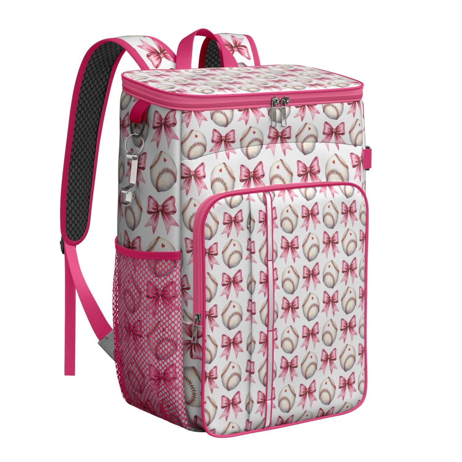 Travel Cooler Bag - Pink Baseballs and Bows Pattern Camping Beer Cooler Backpack with Bottle Opener- Waterproof Insulated Picnic Backpacks - Cooler Bag for Beach