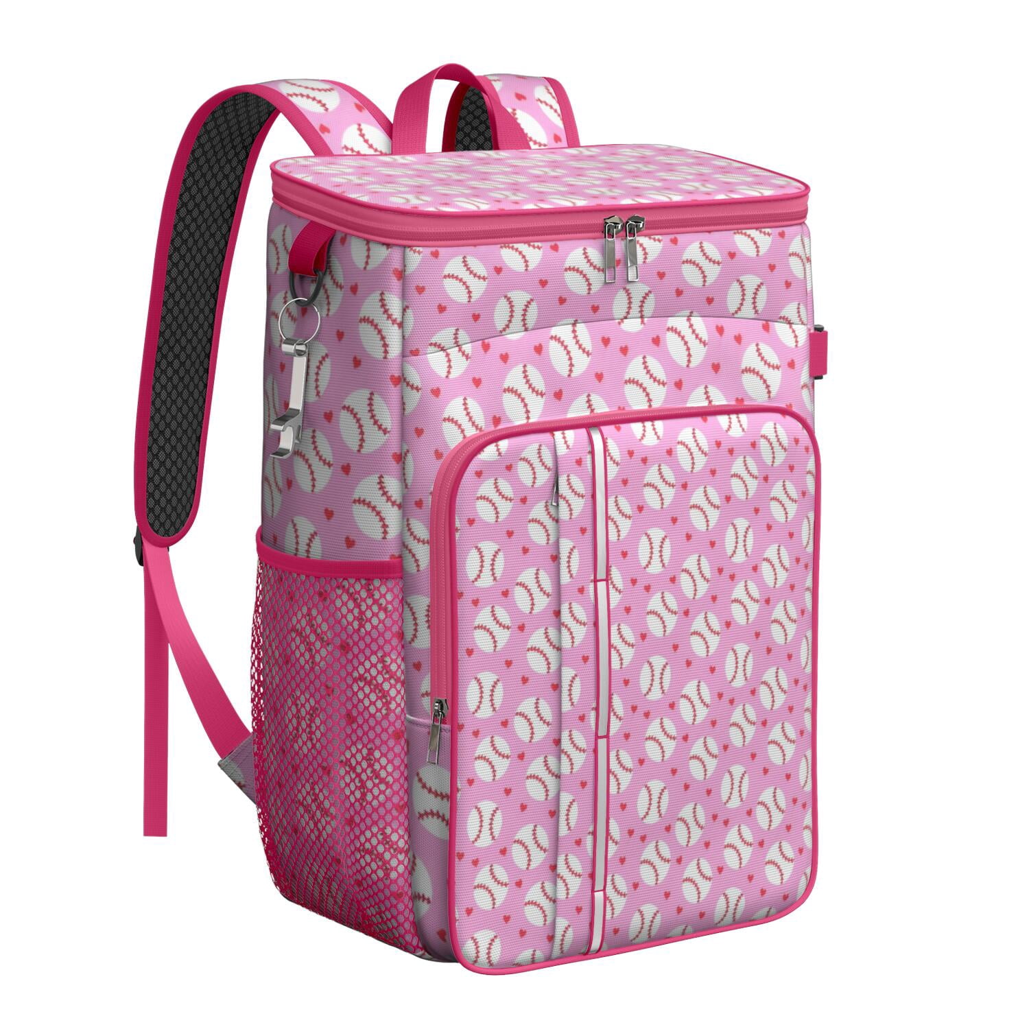 Travel Cooler Bag - Pink Baseballs Pattern Camping Beer Cooler Backpack with Bottle Opener- Waterproof Insulated Picnic Backpacks - Cooler Bag for Beach