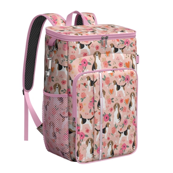 Travel Cooler Bag - Pink Beagle and Flower Camping Beer Cooler Backpack with Bottle Opener- Waterproof Insulated Picnic Backpacks - Cooler Bag for Beach