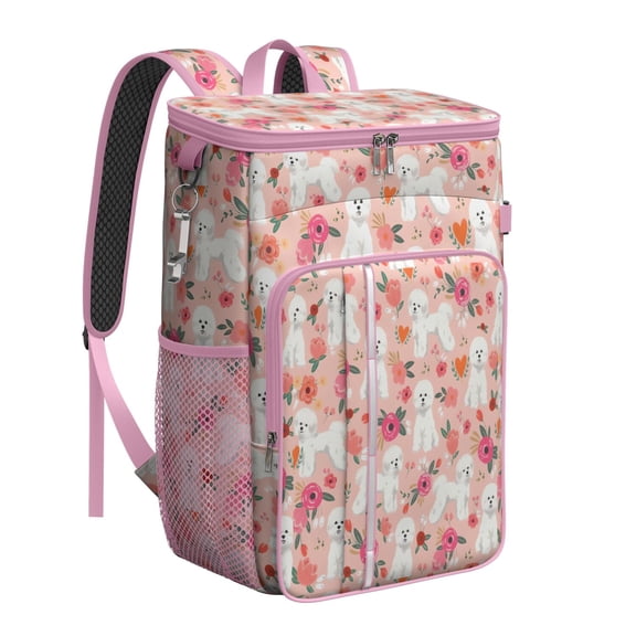 Travel Cooler Bag - Pink Bichon Frise and Flower Camping Beer Cooler Backpack with Bottle Opener- Waterproof Insulated Picnic Backpacks - Cooler Bag for Beach