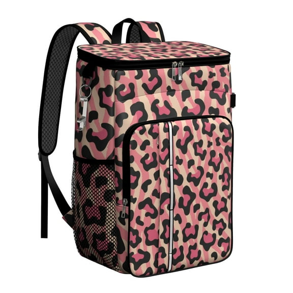 Travel Cooler Bag - Pink and Black Of Leopard Print Camping Beer Cooler Backpack with Bottle Opener- Waterproof Insulated Picnic Backpacks - Cooler Bag for Beach