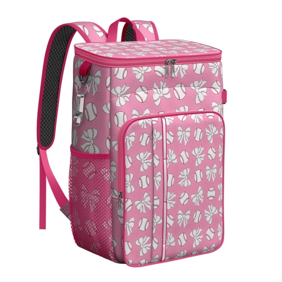 Travel Cooler Bag - Pink Bows and Baseballs Pattern Camping Beer Cooler Backpack with Bottle Opener- Waterproof Insulated Picnic Backpacks - Cooler Bag for Beach