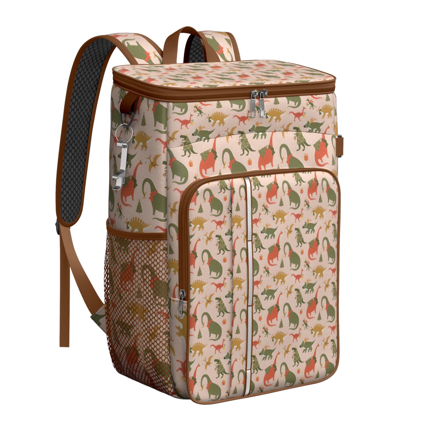 Travel Cooler Bag - Pink Cartoon Dinosaurs Christmas Pattern Camping Beer Cooler Backpack with Bottle Opener- Waterproof Insulated Picnic Backpacks - Cooler Bag for Beach