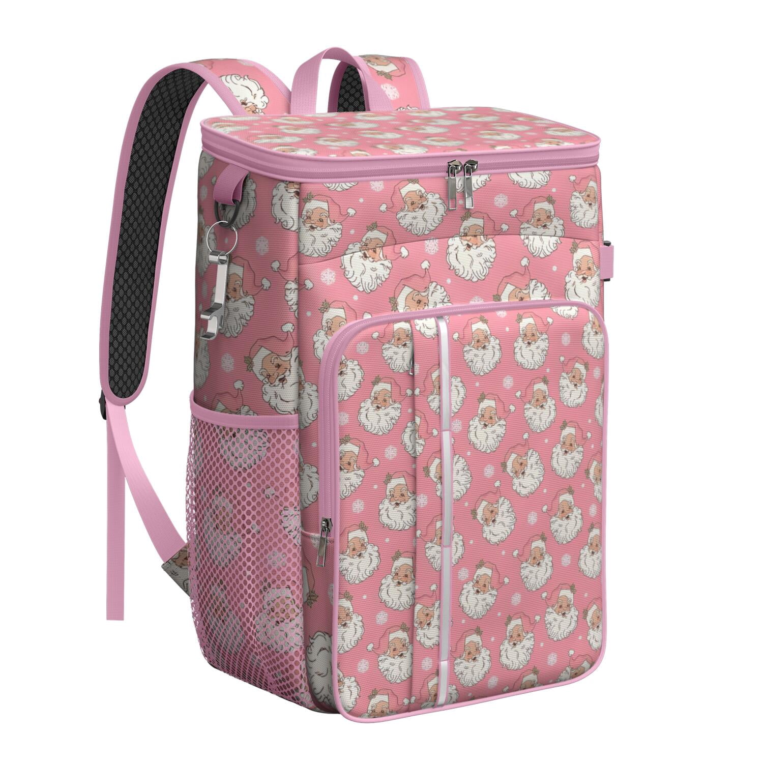 Travel Cooler Bag - Pink Christmas Santa Pattern Camping Beer Cooler Backpack with Bottle Opener- Waterproof Insulated Picnic Backpacks - Cooler Bag for Beach