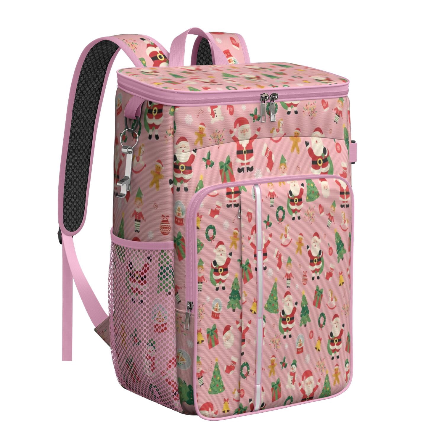 Travel Cooler Bag - Pink Christmas Santa Pattern Camping Beer Cooler Backpack with Bottle Opener- Waterproof Insulated Picnic Backpacks - Cooler Bag for Beach