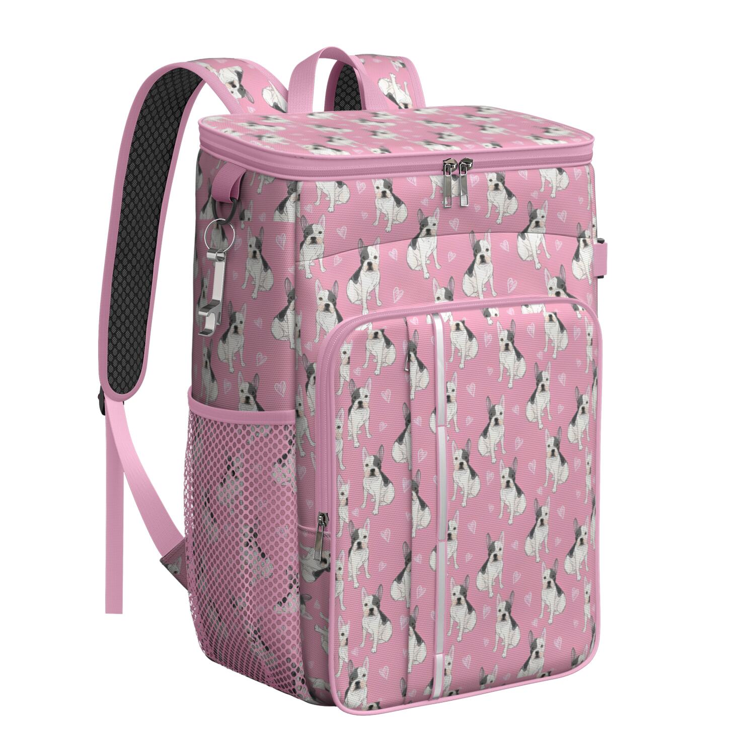 Travel Cooler Bag - Pink French Bulldog Love Heart Camping Beer Cooler Backpack with Bottle Opener- Waterproof Insulated Picnic Backpacks - Cooler Bag for Beach