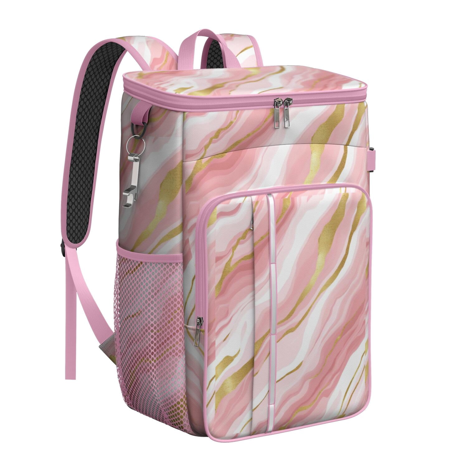 Travel Cooler Bag - Pink and Gold Marble Texture Camping Beer Cooler Backpack with Bottle Opener- Waterproof Insulated Picnic Backpacks - Cooler Bag for Beach