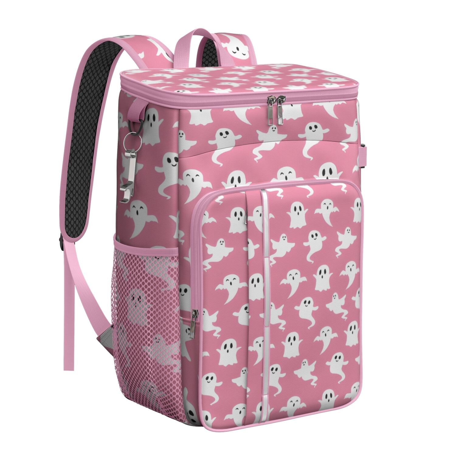 Travel Cooler Bag - Pink Halloween Ghosts Camping Beer Cooler Backpack with Bottle Opener- Waterproof Insulated Picnic Backpacks - Cooler Bag for Beach