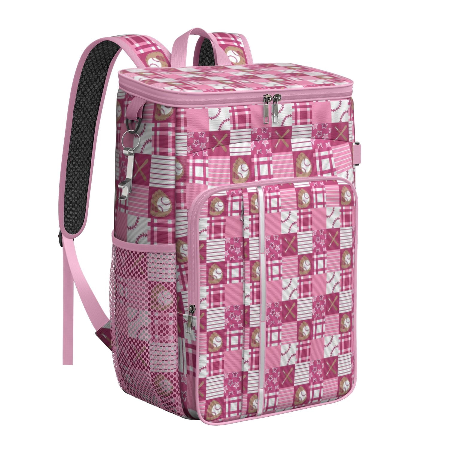 Travel Cooler Bag - Pink Plaid Baseball Pattern Camping Beer Cooler Backpack with Bottle Opener- Waterproof Insulated Picnic Backpacks - Cooler Bag for Beach