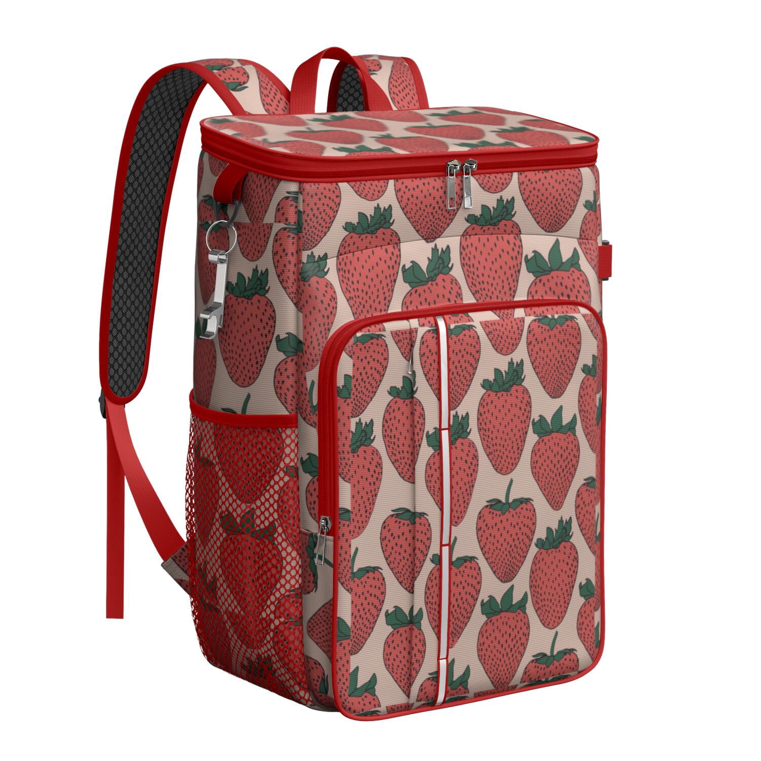 Travel Cooler Bag - Pink Strawberry Plants Fruit Camping Beer Cooler Backpack with Bottle Opener- Waterproof Insulated Picnic Backpacks - Cooler Bag for Beach