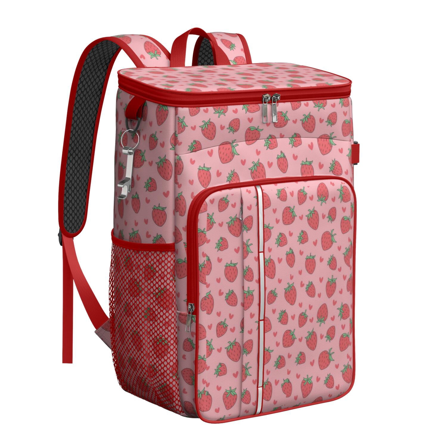Travel Cooler Bag - Pink Strawberry Plants Fruit Camping Beer Cooler Backpack with Bottle Opener- Waterproof Insulated Picnic Backpacks - Cooler Bag for Beach